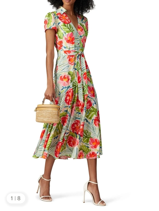 Badgley Mischka Dresses & Skirts - Badgley Mischka Tropical Floral V-Neck Midi Dress in Green and Red - Size 16